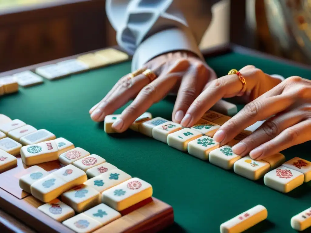 Manos expertas en juegos de estrategia asiáticos tradicionales colocando fichas de mahjong en una mesa de madera tallada