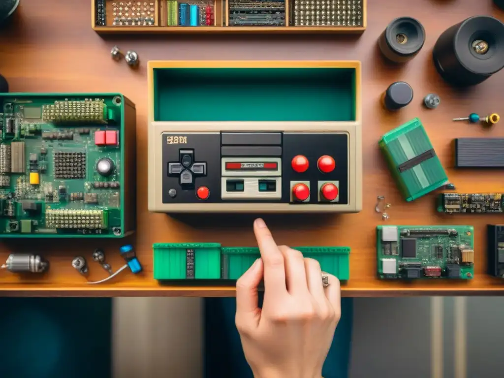 Restauración de consola vintage: manos expertas desmontando con delicadeza Unas manos expertas restauran con pasión una consola de videojuegos vintage en un taller detallado