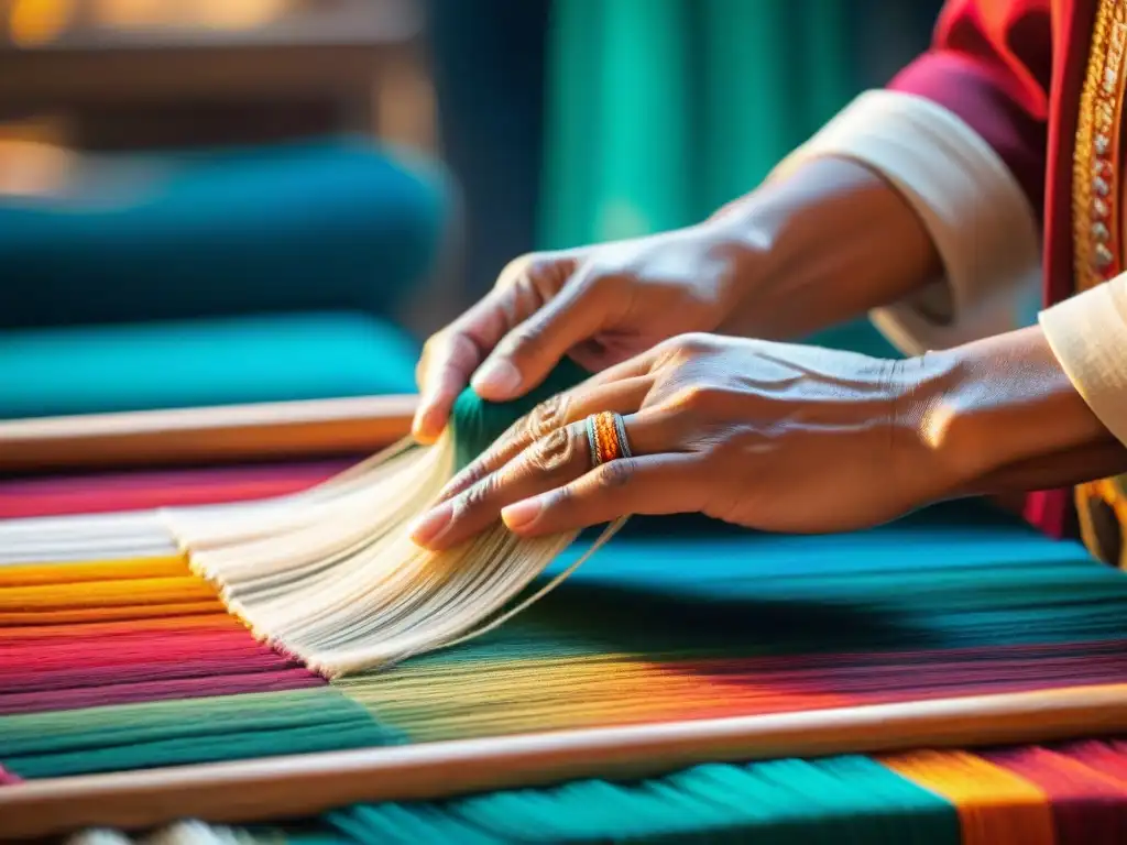 Manos expertas tejiendo patrones en textil colorido, resaltando la herencia cultural de juegos tradicionales arte textil historia