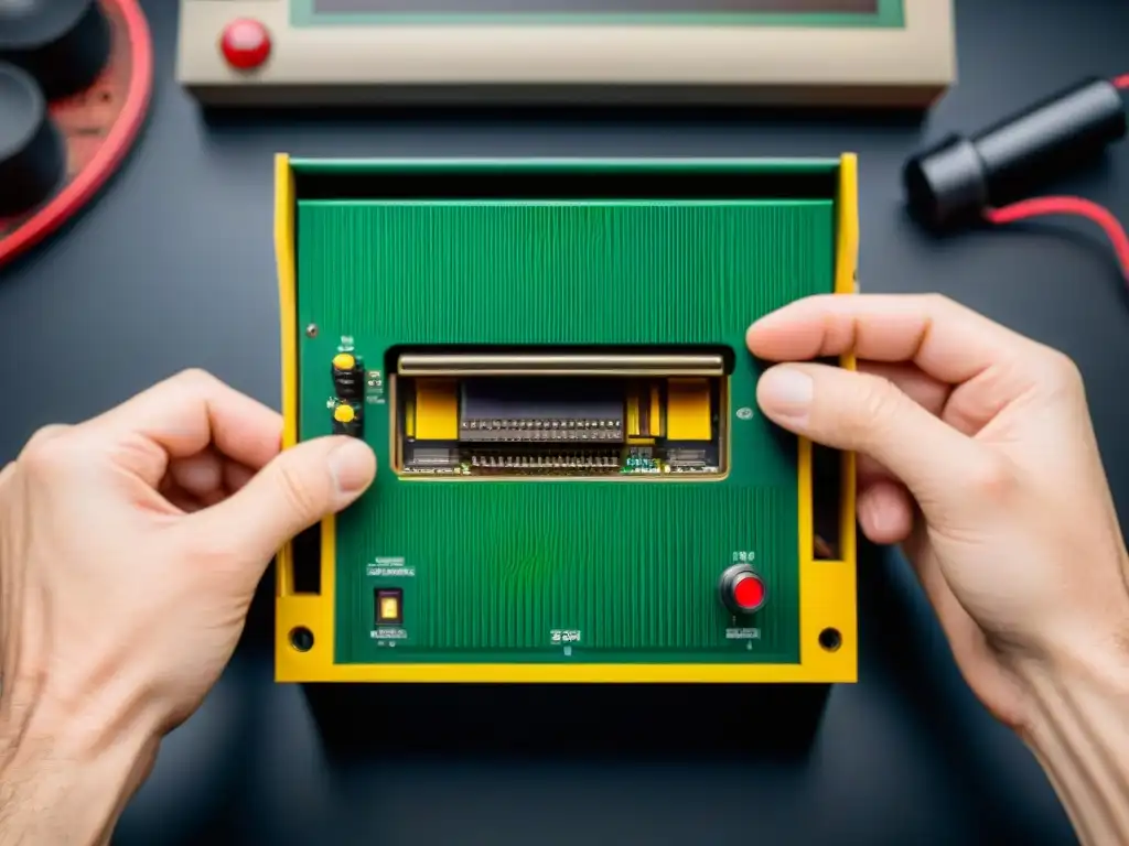 Restauración experta de consola vintage: precisión y circuitos Manos expertas desmontando con precisión una consola de videojuegos vintage, resaltando la restauración