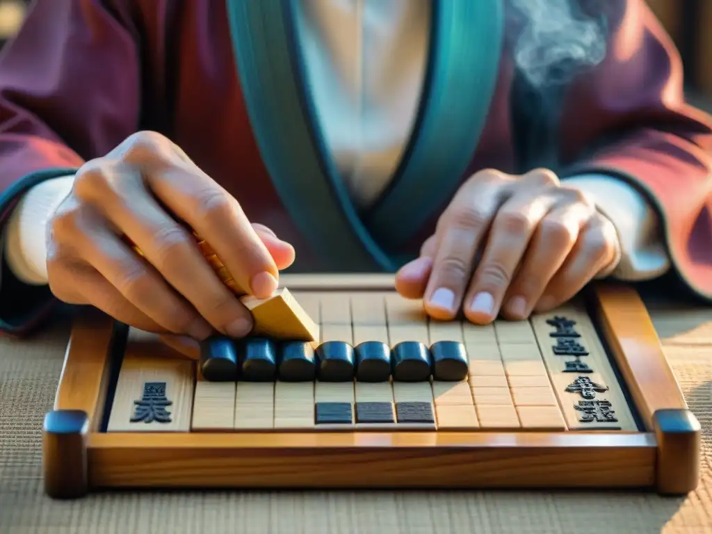 Manos expertas en shogi moviendo piezas en tablero de madera, revelando secretos estrategias ajedrez japonés shogi