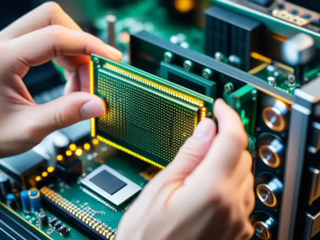 Manos expertas instalan tarjeta gráfica en placa base de PC gaming