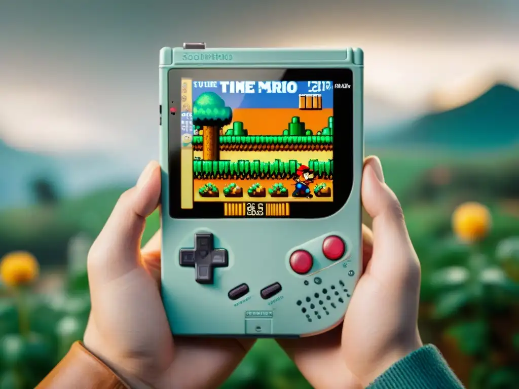 Manos sujetando un Game Boy con Super Mario Land, frente a un smartphone con emuladores juegos retro para nostálgicos