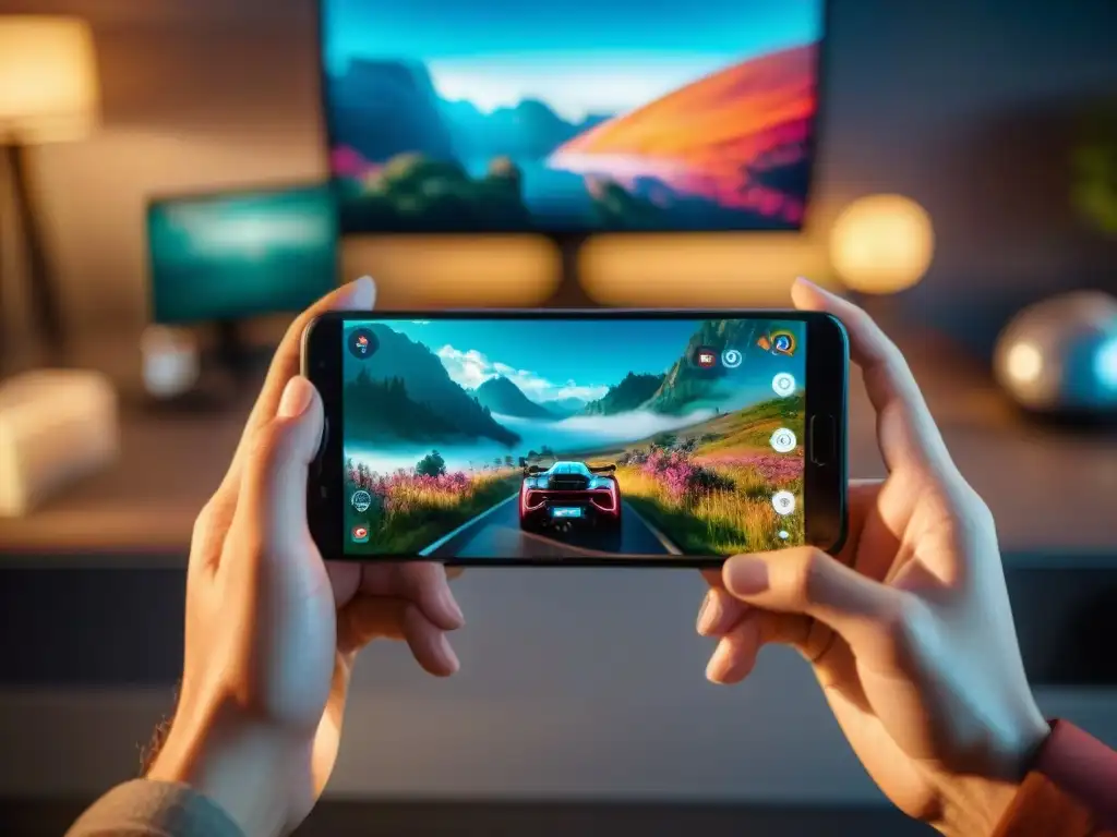 Manos de gamer en acción: juego móvil con sensores de movimiento Manos de gamer concentradas en un juego móvil con sensores de movimiento