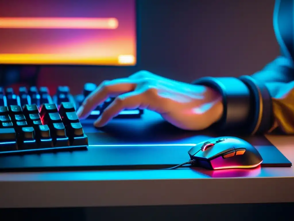Manos de gamer concentradas en ratón y teclado gaming, iluminados por pantalla de juego