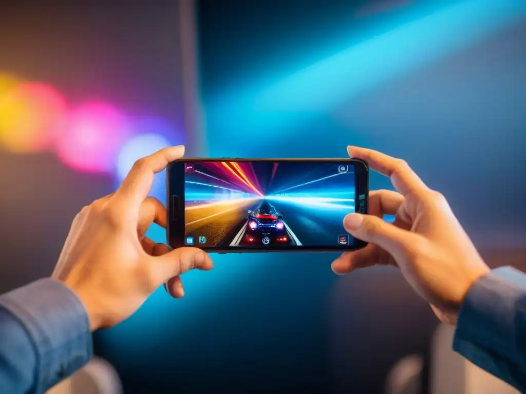 Manos de gamer en smartphone gaming futurista