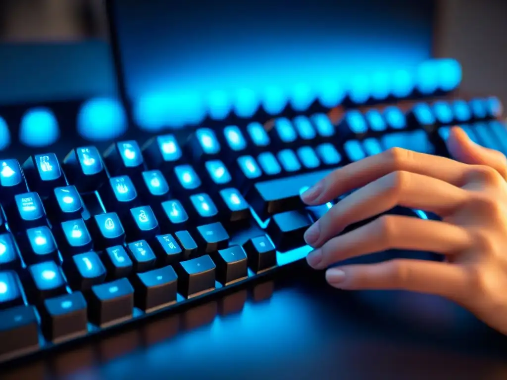 Manos de gamer sobre teclado gaming iluminado en azul, transmitiendo intensa concentración