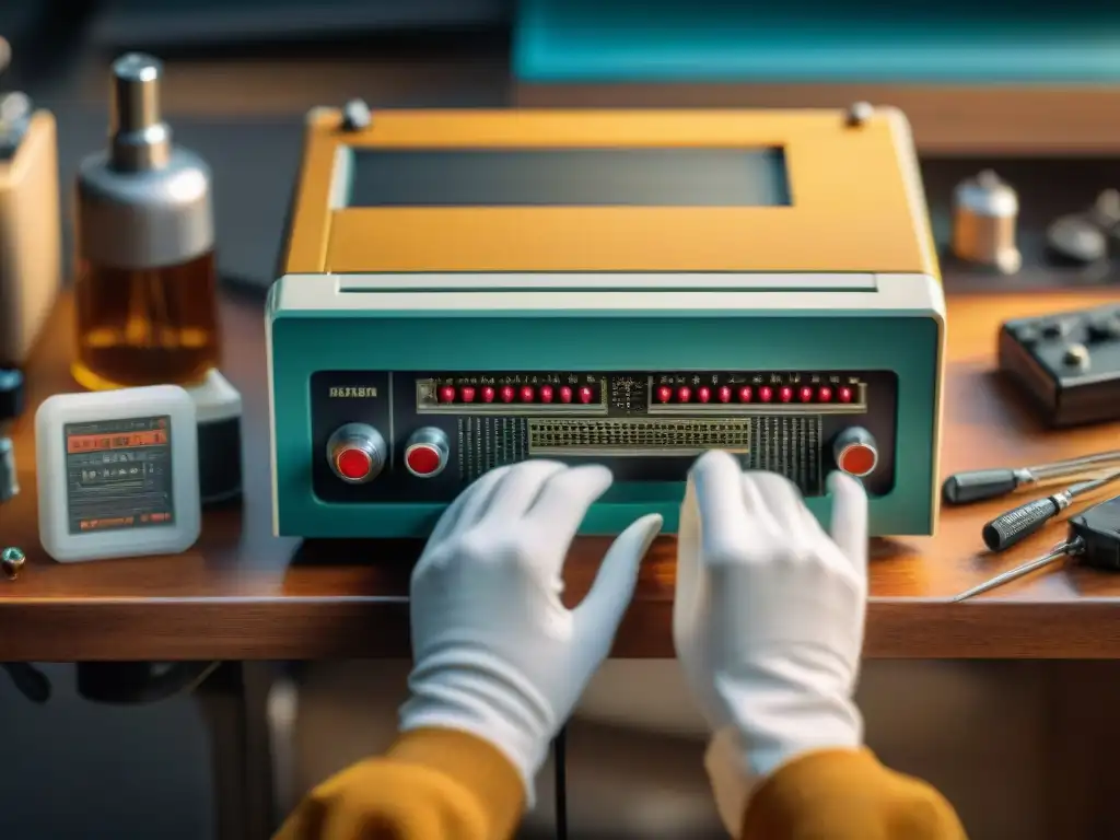 Restauración meticulosa de consola vintage: manos expertas en acción Unas manos hábiles restauran con cuidado una consola de videojuegos vintage en un taller iluminado por la luz del sol