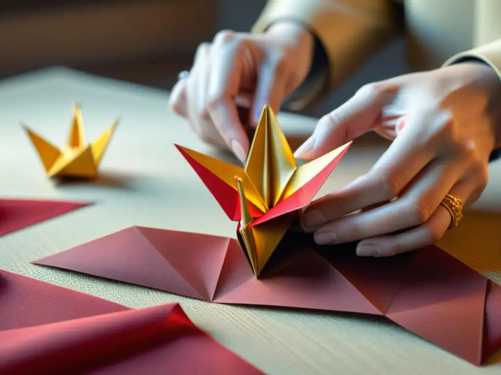 Manos hábiles crean una grulla de papel rojo y dorado en un entorno japonés auténtico