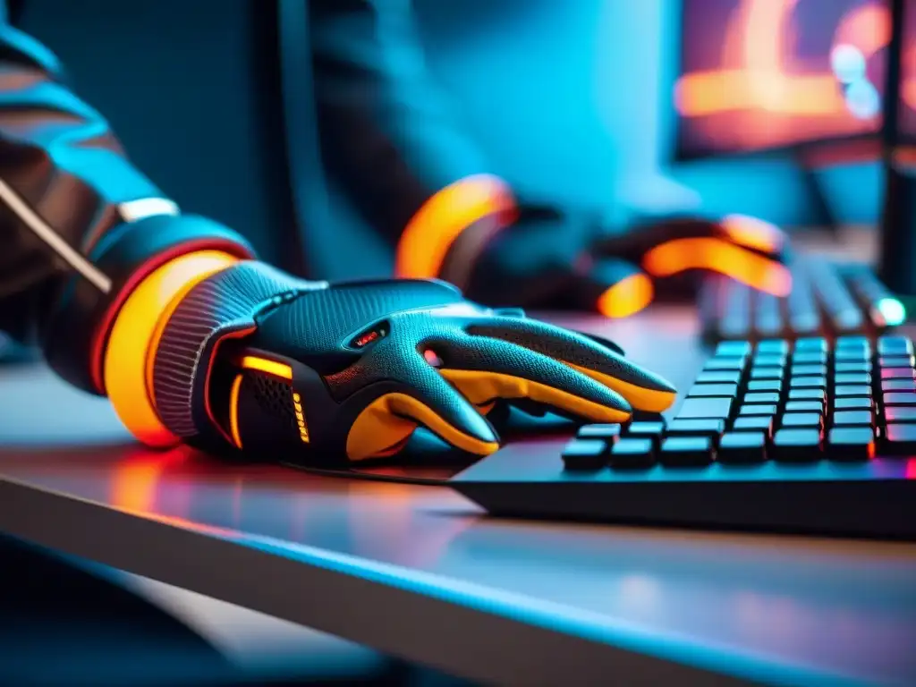 Manos hábiles en guantes LED, compitiendo en eSports