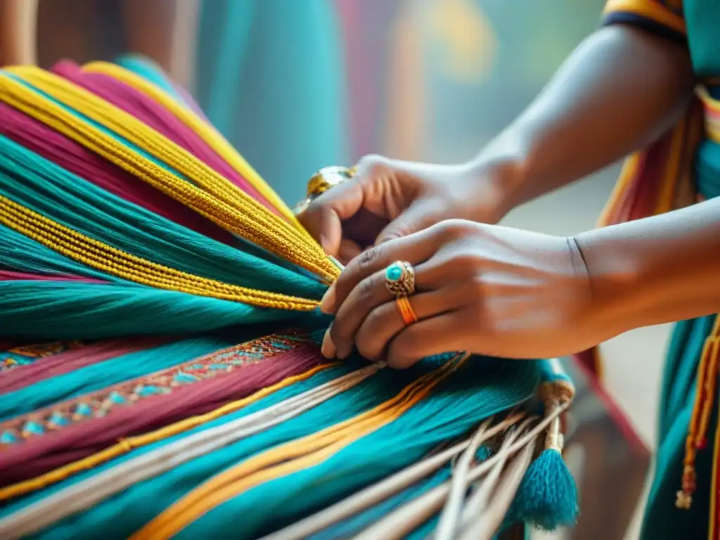 Manos indígenas tejiendo patrones tradicionales en un tapiz vibrante durante festivales culturales