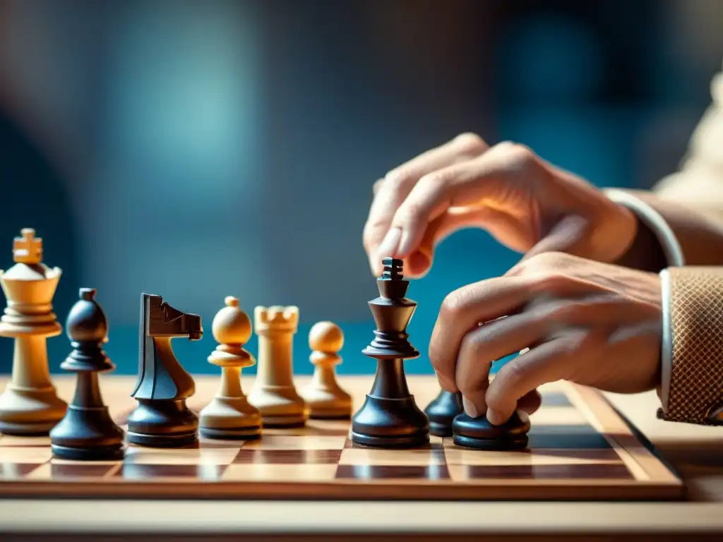 Manos del jugador de ajedrez en plena concentración, reflejos de las piezas en sus ojos