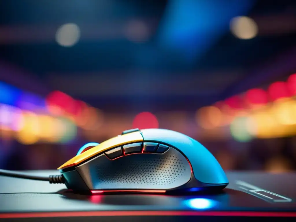 Manos de jugador de esports concentrado en pantalla, con mouse gaming y RGB