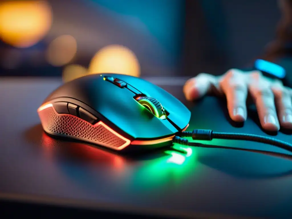 Manos de jugador eSports sujetando un mouse gaming personalizado, con diseño ergonómico y botones detallados