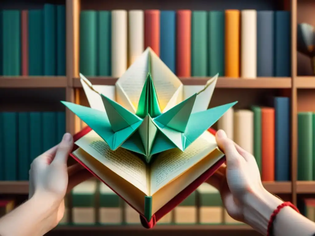 Unas manos doblan una página de novela en una grulla de origami, fusionando literatura y juegos culturales diferentes