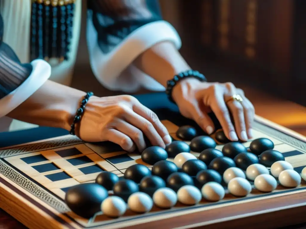 Manos colocando piedras de Go en tabla de madera, reflejando la concentración estratégica del juego ancestral