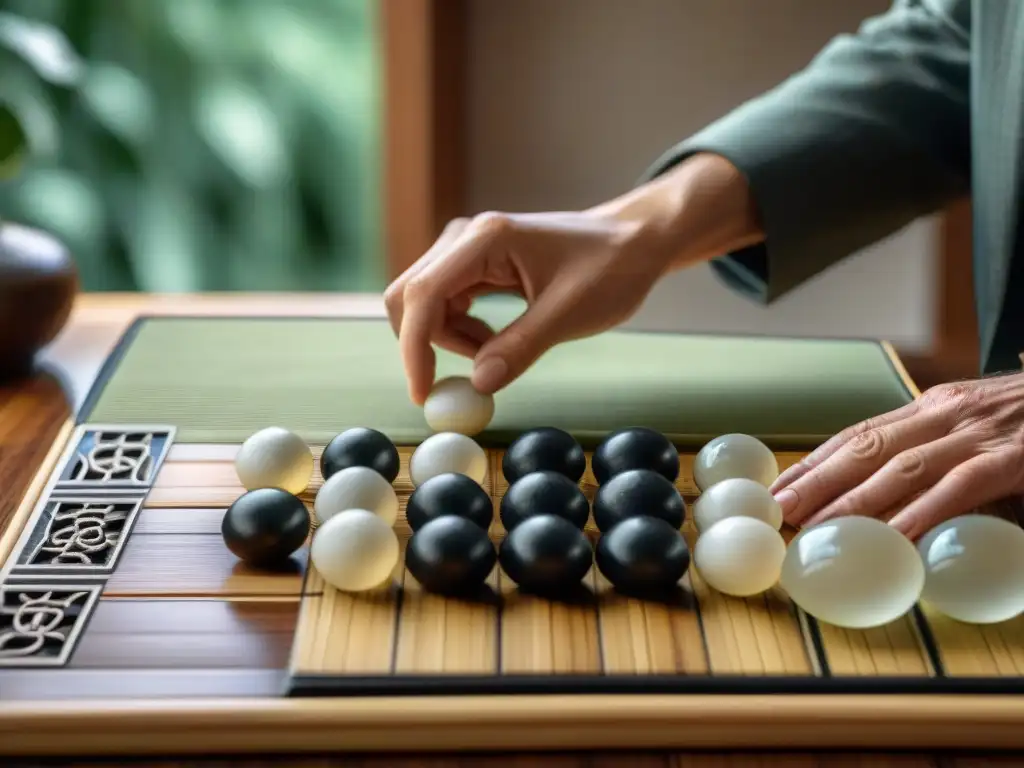 Dos manos colocan piedras en un tablero de Go de bambú, reflejando la intensa concentración de este juego de estrategia asiático tradicional