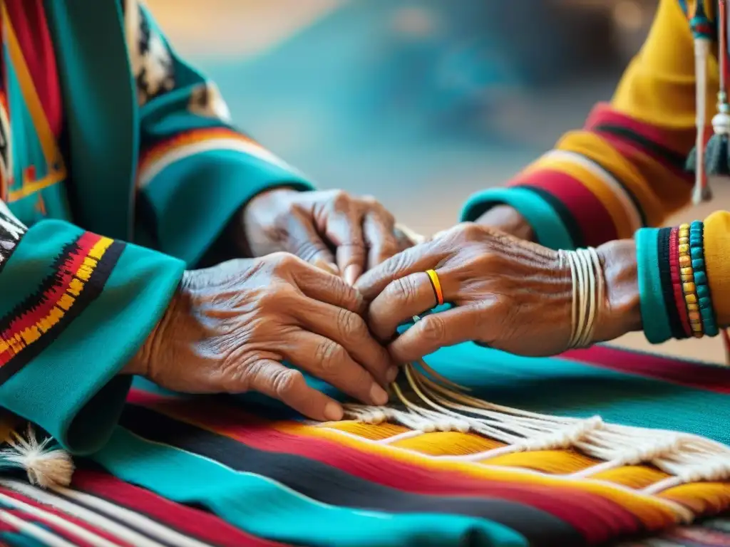 Las manos sabias de un anciano Navajo tejiendo un patrón tradicional en un vibrante tapete multicolor, mostrando juegos de destreza mental indígenas