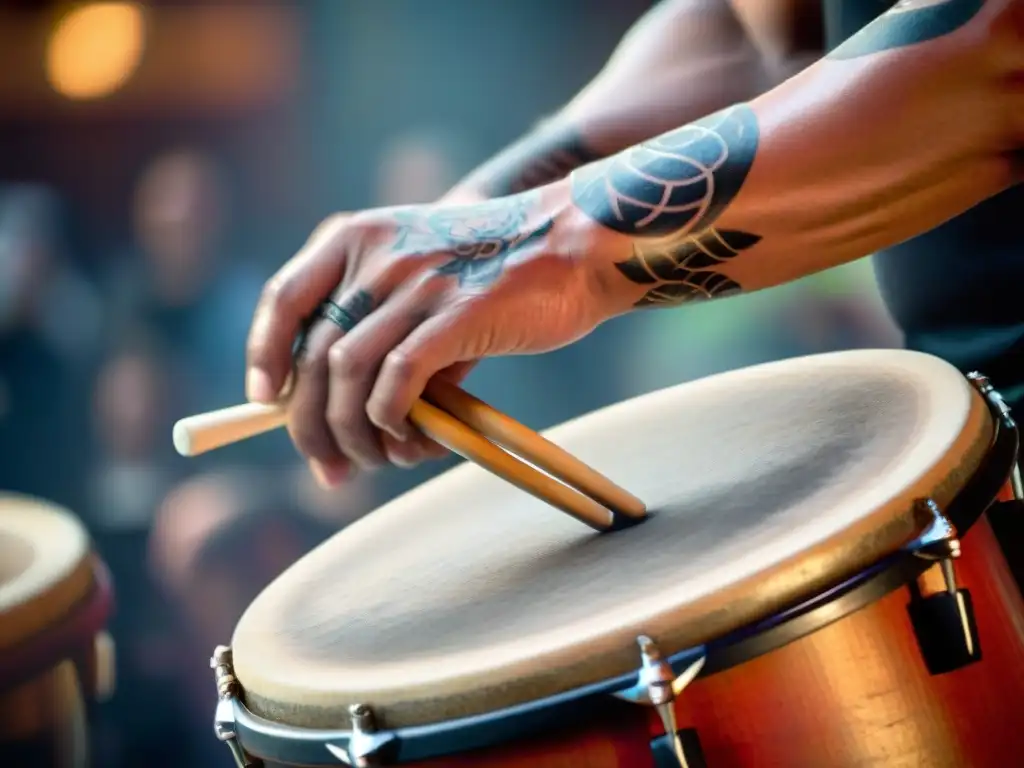 Las manos tatuadas de un hábil taiko, con drumsticks, en un ambiente de energía y tradición