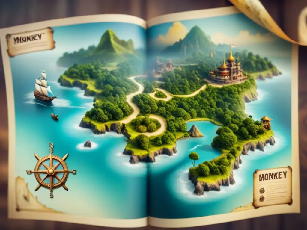 Un mapa detallado envejecido de Monkey Island, con senderos ocultos y símbolos piratas, evocando aventura y misterio