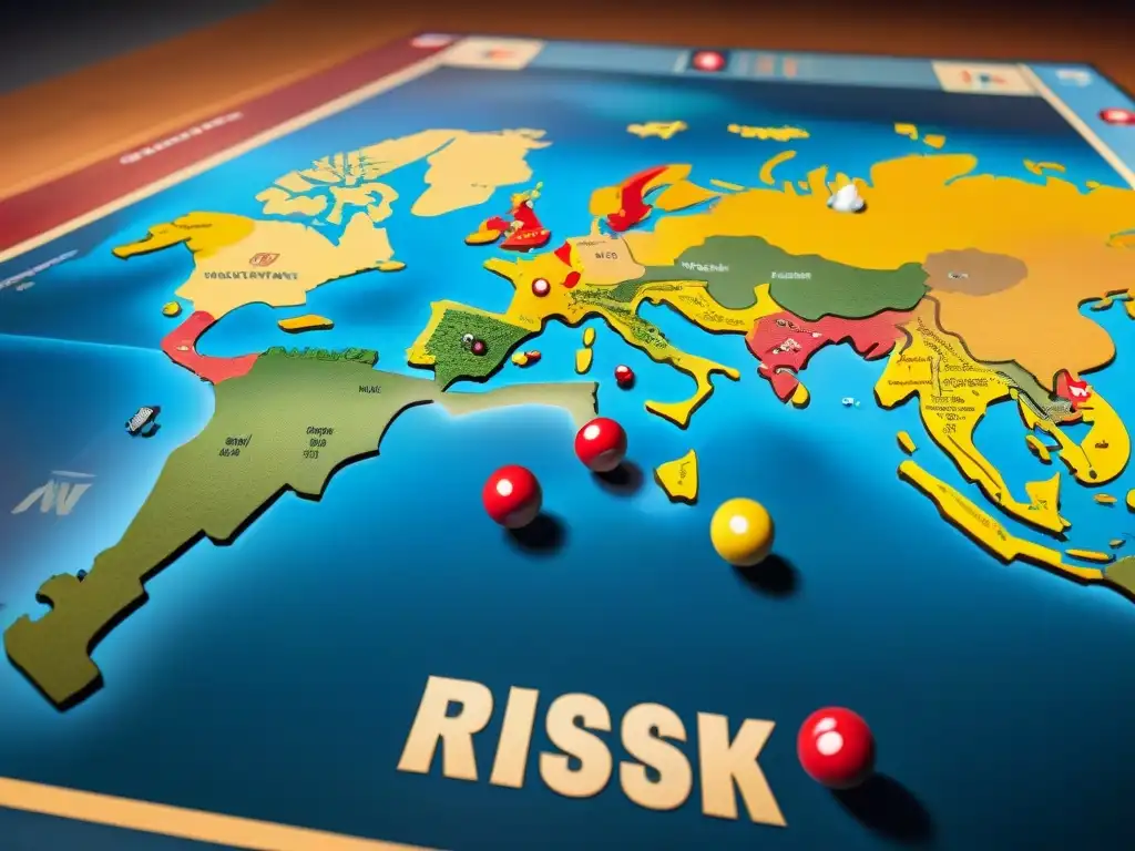 Mapa detallado del mundo para ganar en Risk, con estrategias de juego y territorios clave en colores vibrantes