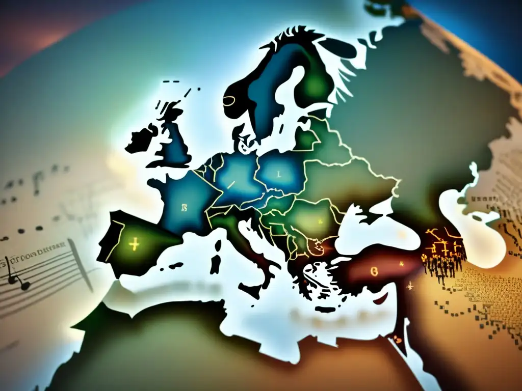 Un mapa histórico de Europa en la época de Beethoven con juegos ancestrales superpuestos