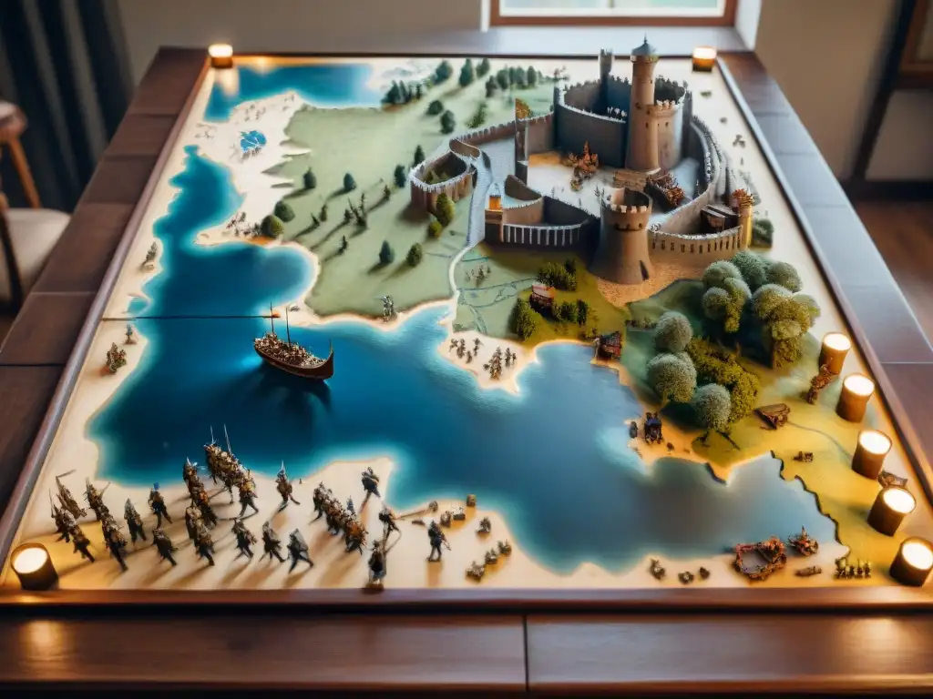 Mapa medieval detallado en mesa de madera rodeado de miniaturas de soldados y castillos