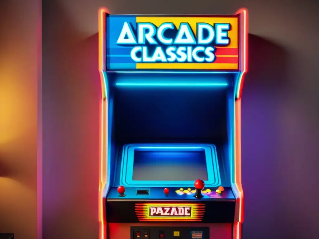 Una máquina de arcade vintage desgastada por los años, rodeada de gente emocionada