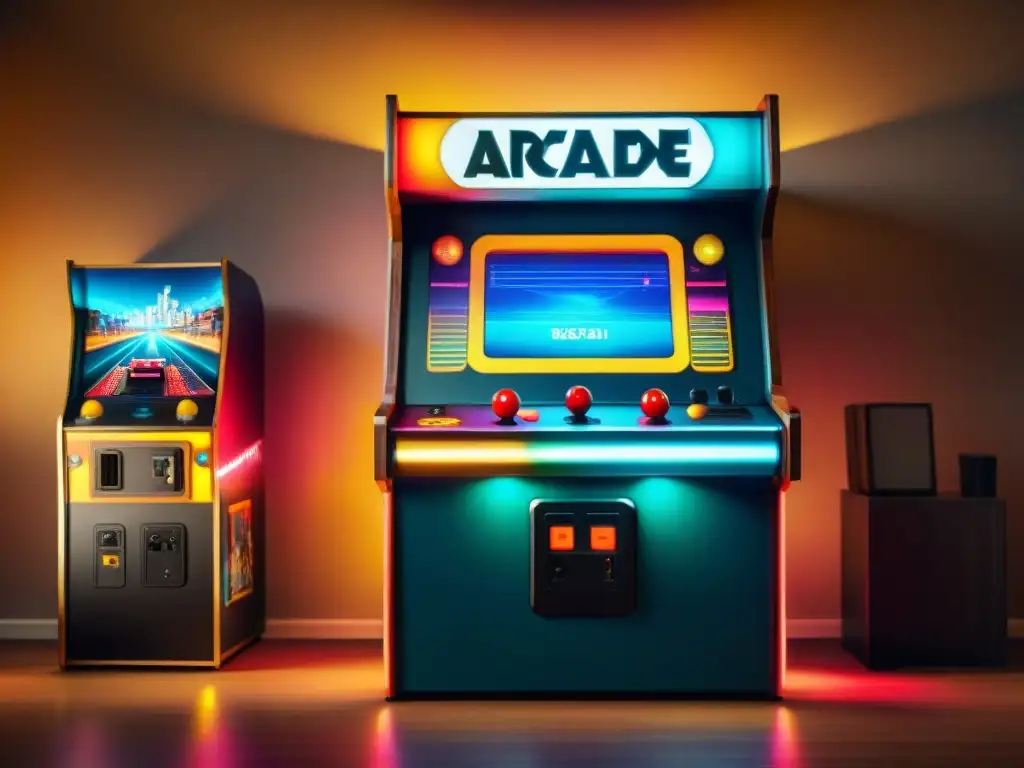 Una máquina arcade vintage iluminada por luces neón en una habitación oscura, fusionando tecnología vintage en juegos modernos