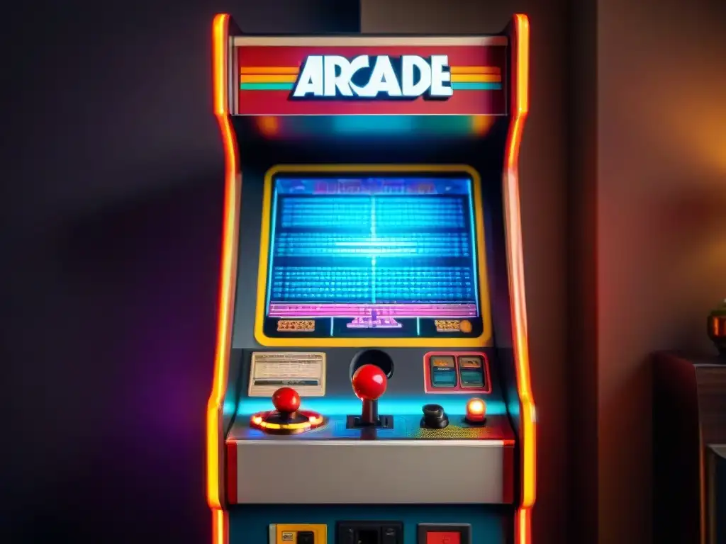 Una máquina arcade vintage en un salón retro, con botones coloridos, joystick desgastado y pantalla parpadeante