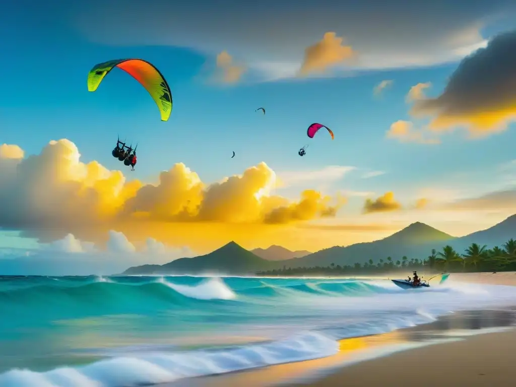 Kitesurfers surcan el mar Caribe al atardecer, en una imagen que simboliza la historia del kitesurf en América Latina