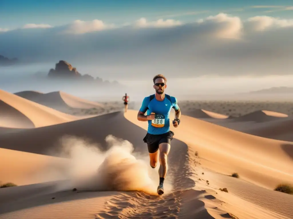 Maratones extremos en desiertos: Corredores exhaustos y decididos atraviesan un paisaje árido bajo el sol abrasador