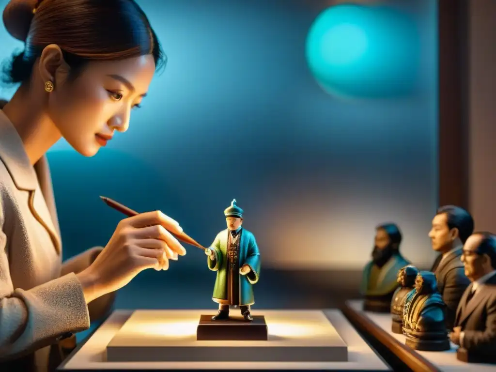 Examen meticuloso de autenticidad en colección de figuras Examinando detenidamente marcas de autenticidad en figura rara bajo luz brillante