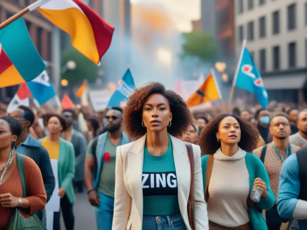 Una marcha masiva con personas diversas, banderas coloridas y consignas, en una ciudad