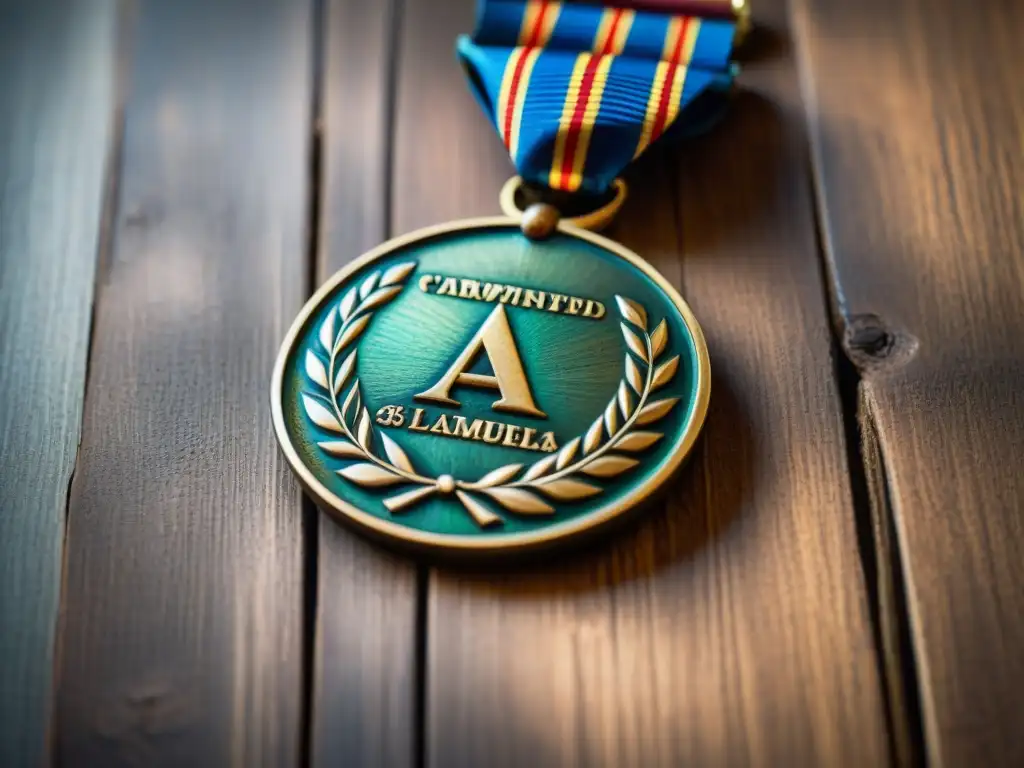 Una medalla deportiva vintage envejecida con detalles grabados de laureles y cinta desgastada sobre madera antigua