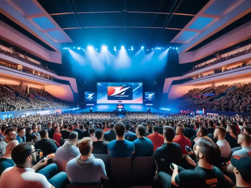 Los mejores jugadores eSports historia compiten en un estadio lleno de energía y emoción, rodeados de luces y una multitud animada