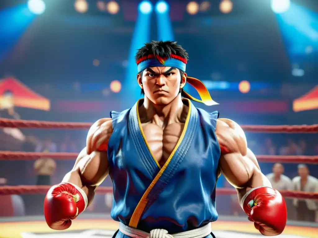 Batalla épica entre Ryu y ChunLi: Torneo Street Fighter V Los mejores técnicas Street Fighter V en un torneo intenso con Ryu y ChunLi ejecutando combos impresionantes mientras la multitud vibra