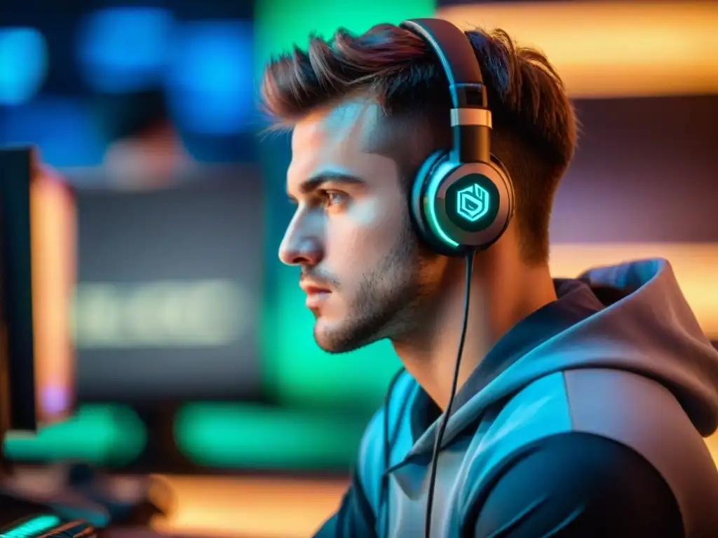 Preparación mental campeón eSports: Jugador enfocado con auriculares anti ruido, manos en movimiento y pantalla de juego intensa