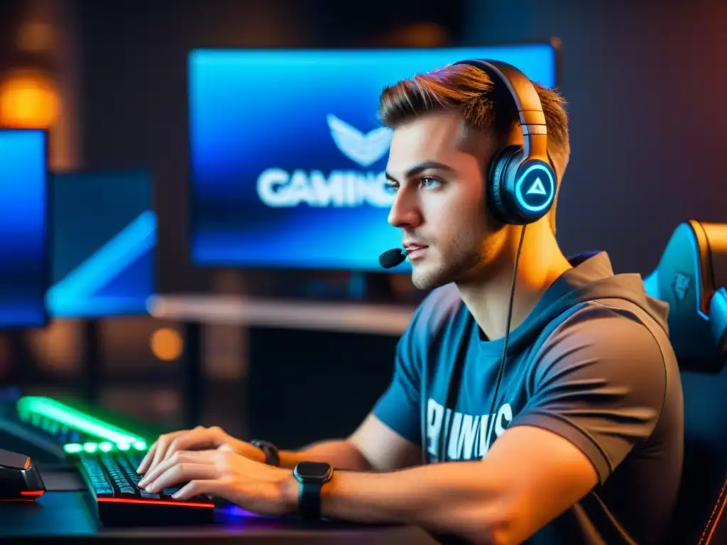 La mentalidad de campeón en eSports: jugador concentrado en su sala de juego, rodeado de motivación y tecnología