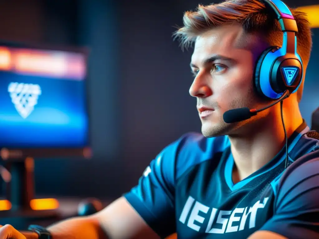 Mentalidad en eSports y rendimiento: Atleta de eSports concentrado frente a la pantalla en un entorno de alta presión