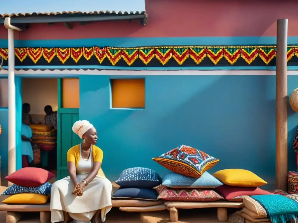 Un mercado africano bullicioso y vibrante con influencia de la cultura popular, productos coloridos y artesanías tradicionales