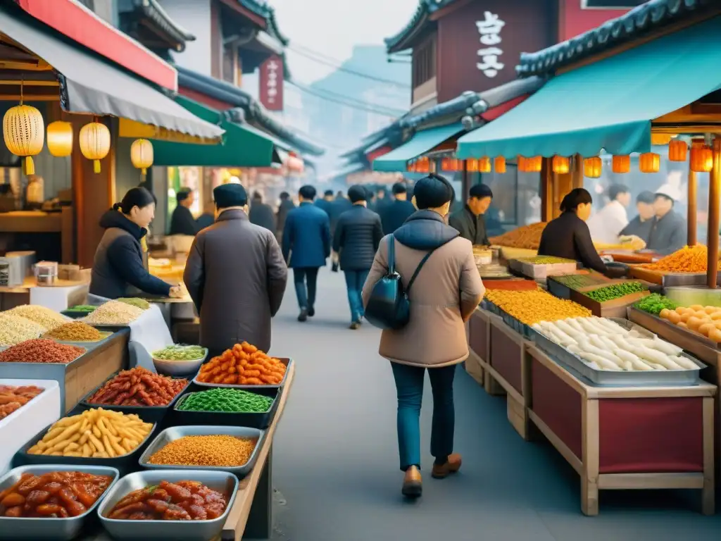 Mercado animado en Seúl, Corea del Sur, con vendedores de comida callejera tradicional