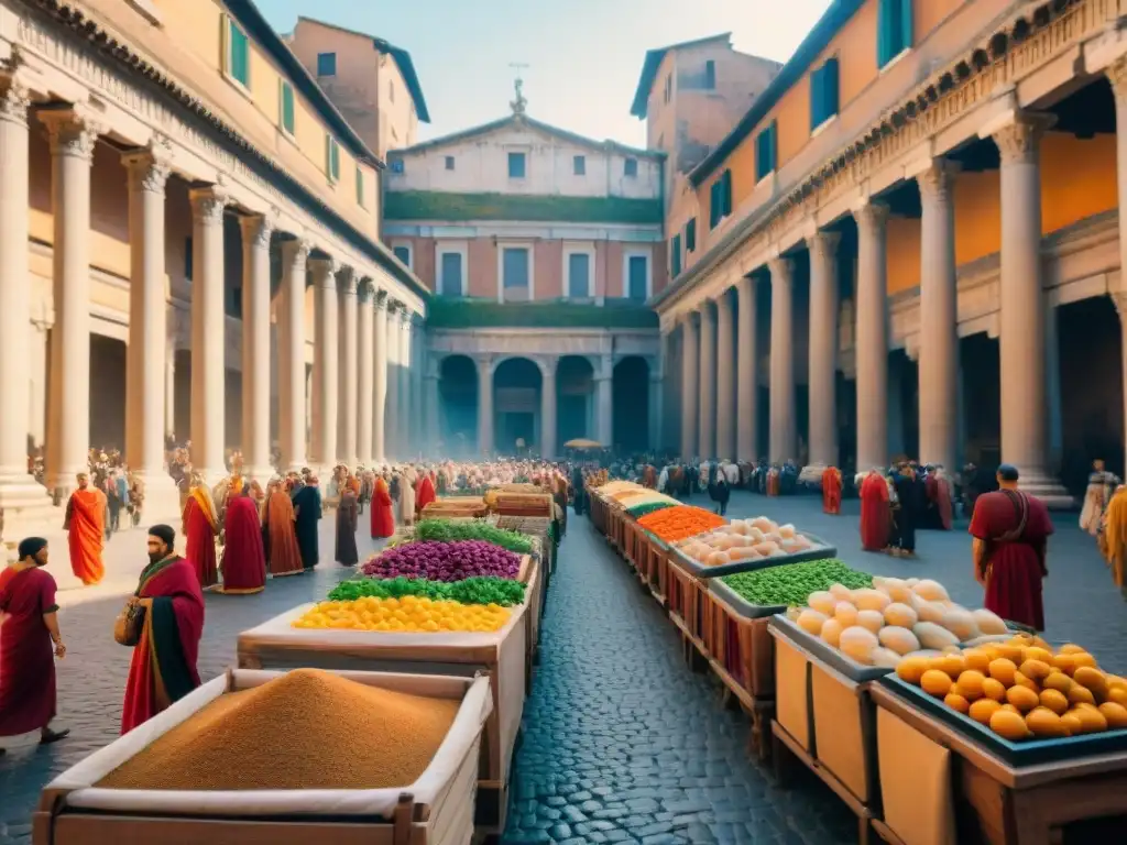 Mercado bullicioso en la antigua Roma, con coloridos puestos de venta y personas de diferentes culturas interactuando y comerciando