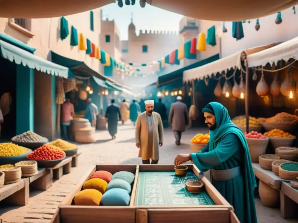 Un mercado bullicioso en una ciudad del norte de África, con juegos y actividades tradicionales que reflejan la influencia árabe en la región