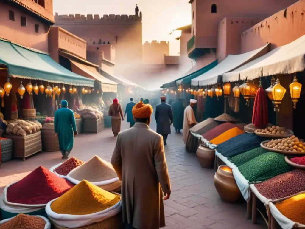 Mercado bullicioso en Marrakech al atardecer, con colores vibrantes y sombras largas de vendedores