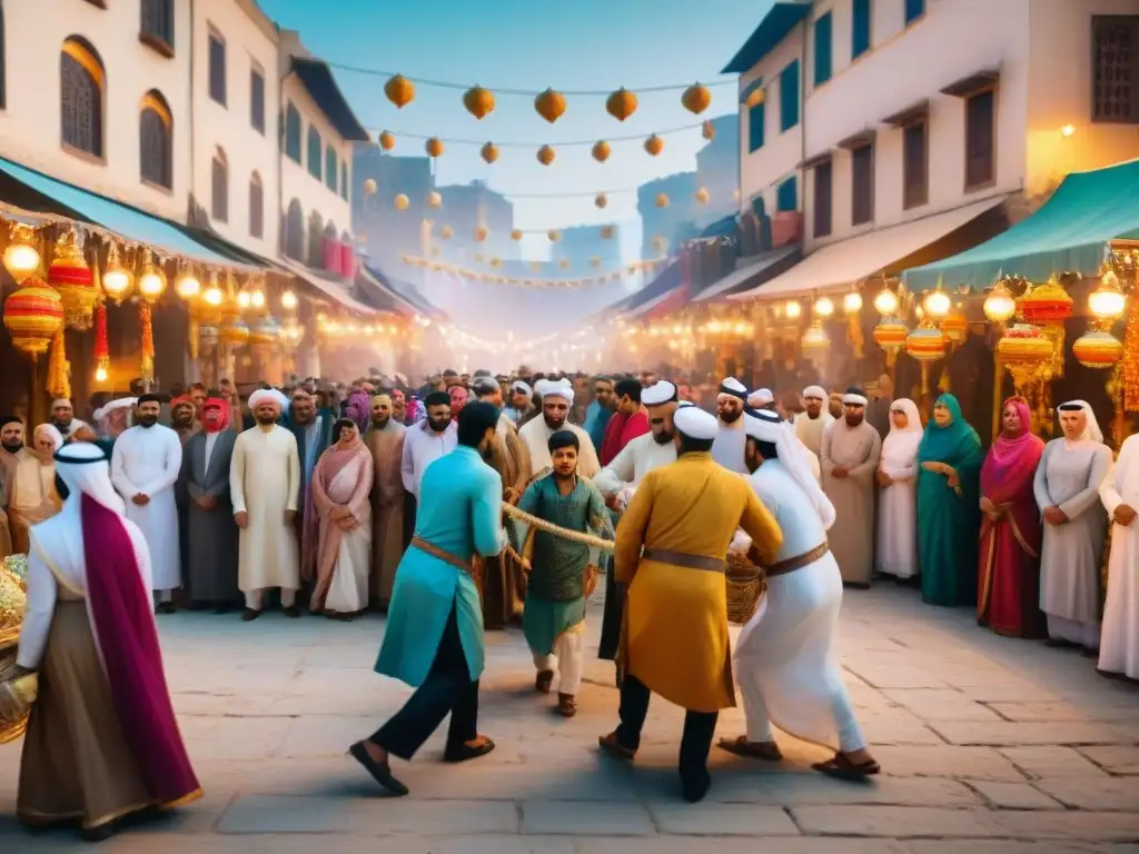 Un mercado bullicioso en Oriente Medio durante Eid al-Fitr, con niños jugando juegos tradicionales