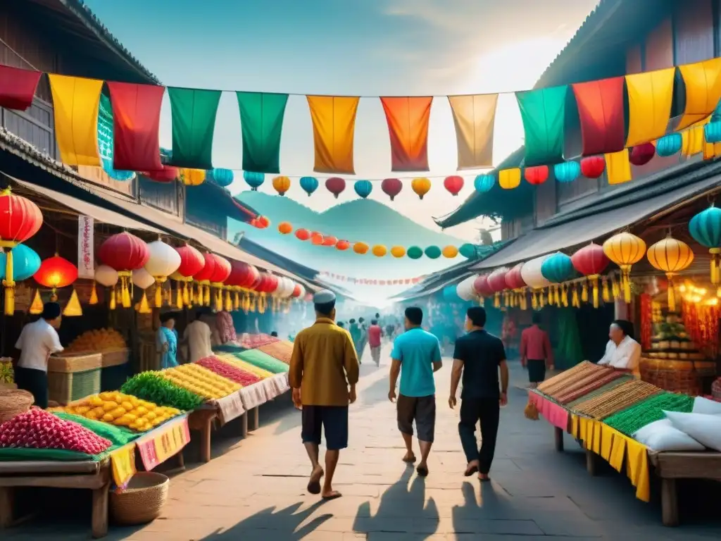 Un mercado callejero bullicioso y vibrante en el Sudeste Asiático, con puestos de juegos tradicionales adornados con coloridos banners