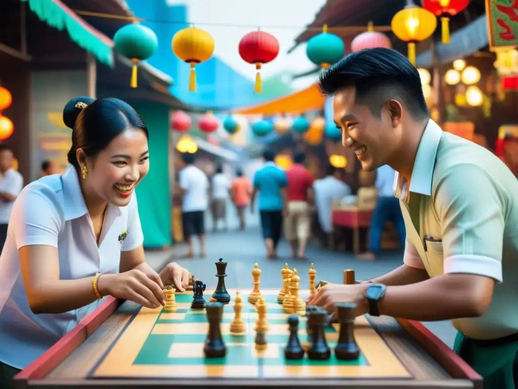 Un mercado callejero vibrante y bullicioso en Bangkok, Tailandia, donde se juegan Juegos tradicionales Sudeste Asiático evolución