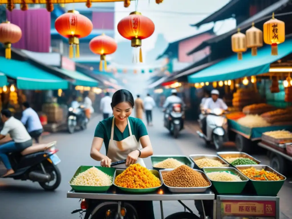 Mercado callejero vibrante en Bangkok, Tailandia, con puestos de comida coloridos ofreciendo platos tradicionales