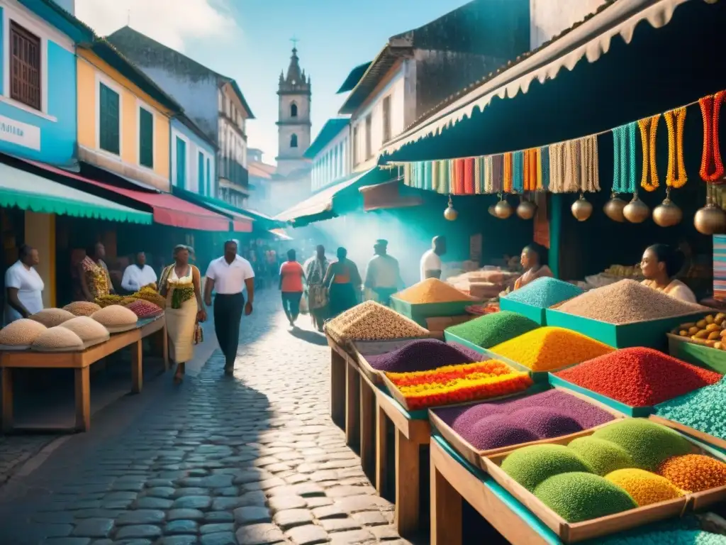 Mercado colorido en Salvador, Brasil, con influencia de la cultura africana en la artesanía y textiles